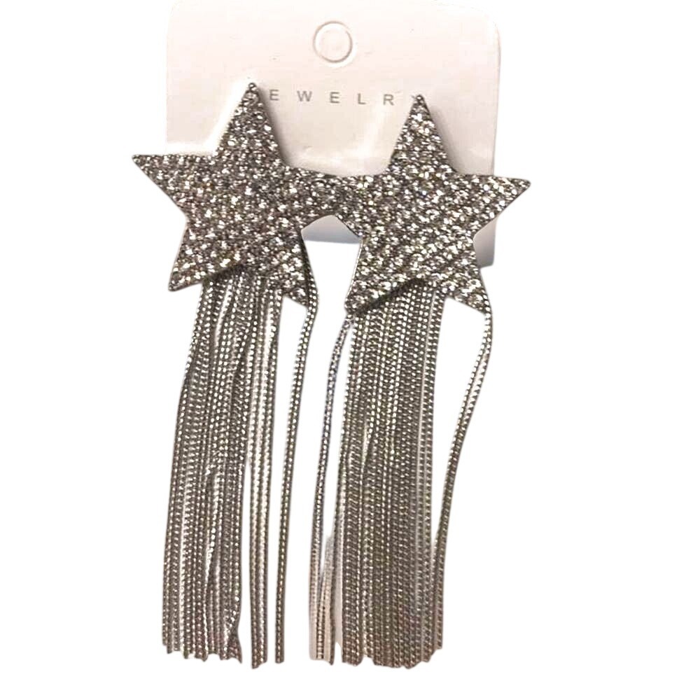 New Dallas Cowboy Silver Rhinestone Star Tassle Dangle Chain Earrings